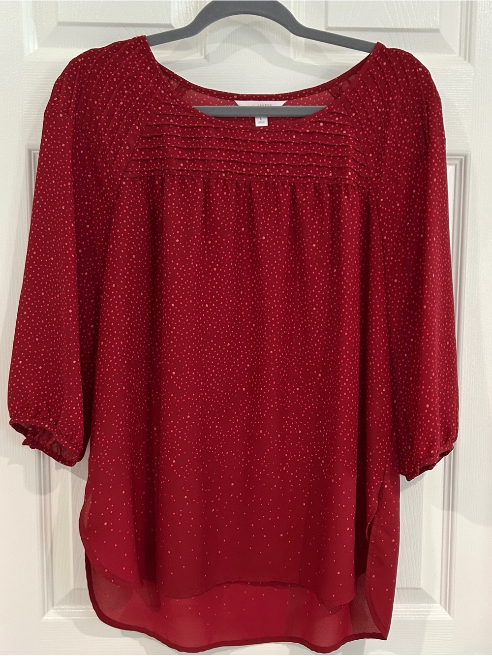 LC Lauren Conrad Dot Pintuck 3/4 Sleeve Red Pink Blouse Shirt Top Women L